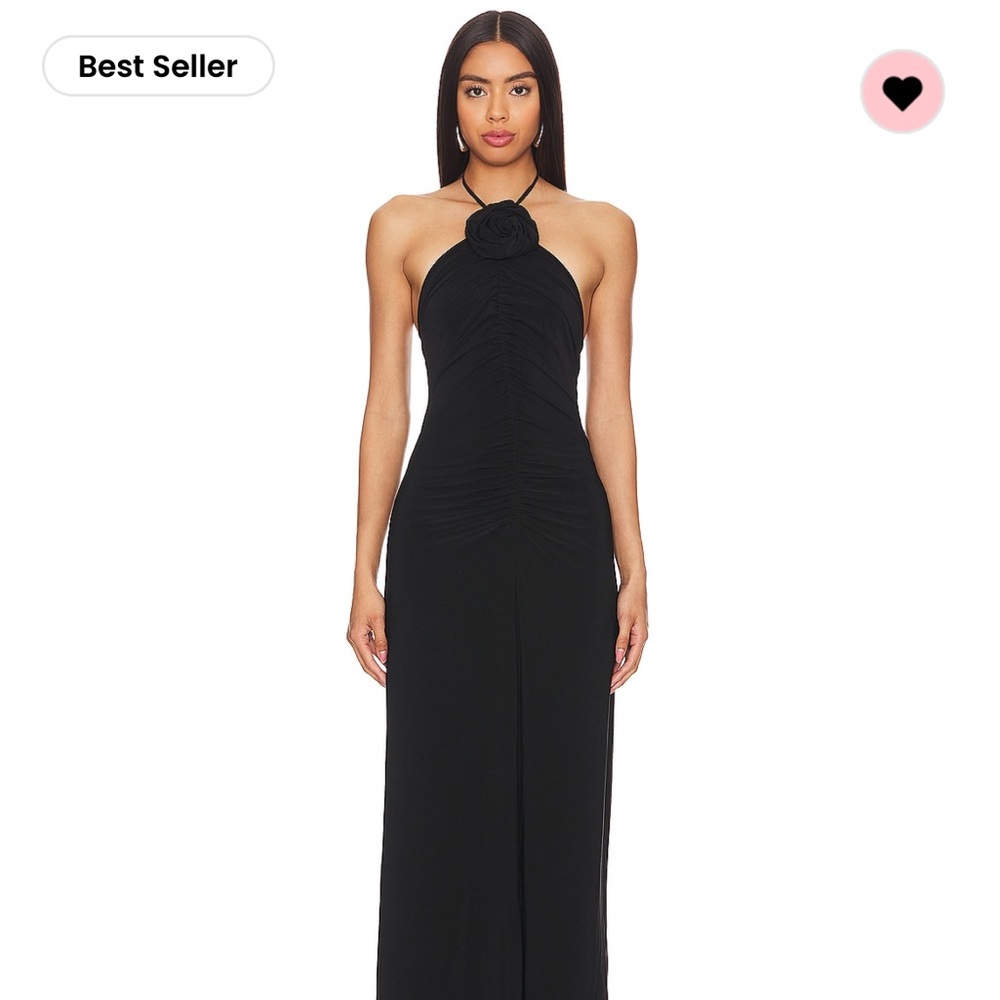 Yumi Kim Black Halter Ruched Evening Gown with Rosette